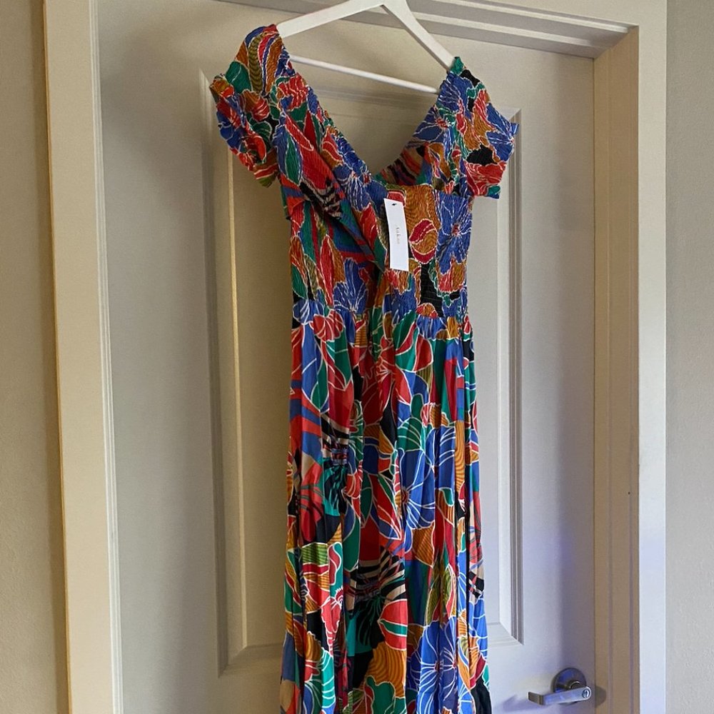 nwt vici - put it in print smocked slit maxi dress - size xl